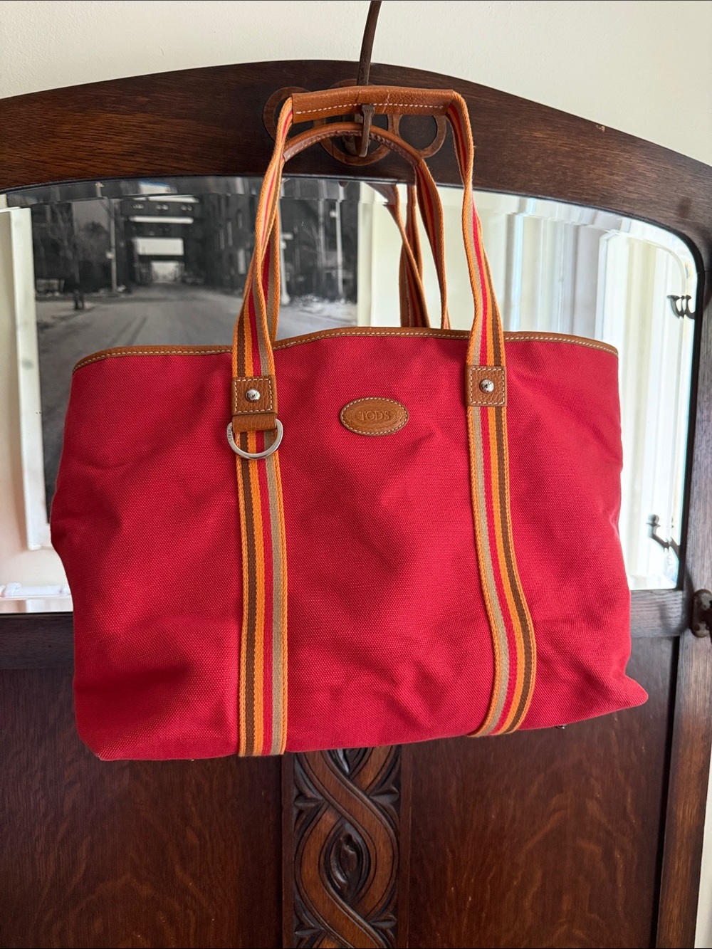 Tod's Media Red Canvas Tote with Stripe